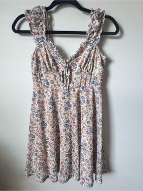 Floral Ruffle Strap Sundress - Cream with Blue & Pink Flowers